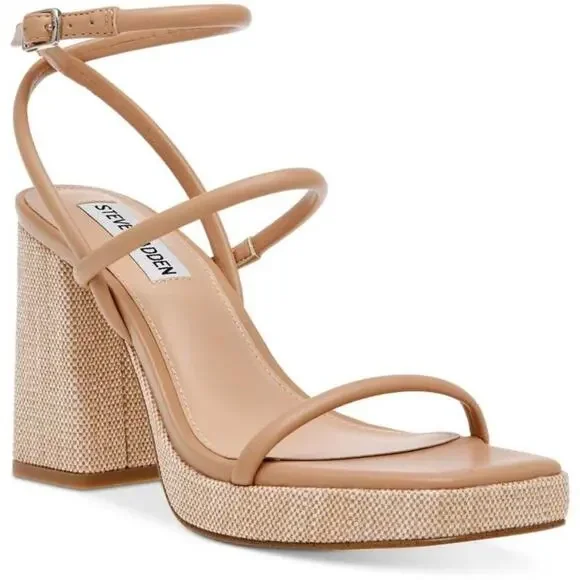Steve Madden Pennie Tan Brown Faux Leather Strappy Block Heels Sandals size 9.5 - Picture 1 of 12